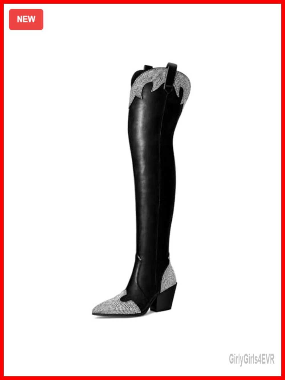 Women's Thigh High Cowboy Boots Rhinestone Chunky Heel Over Knee PU Leather